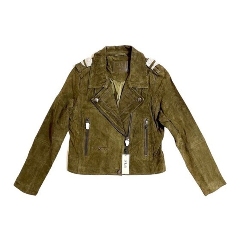 SL8 BlankNYC Moss Green Suede Leather Moto Jacket Zip  Asymmetric Crop SZ M NWT